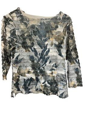 Coldwater Creek Floral Ruffle Stripe Boatneck Top in White, Gray and Cream